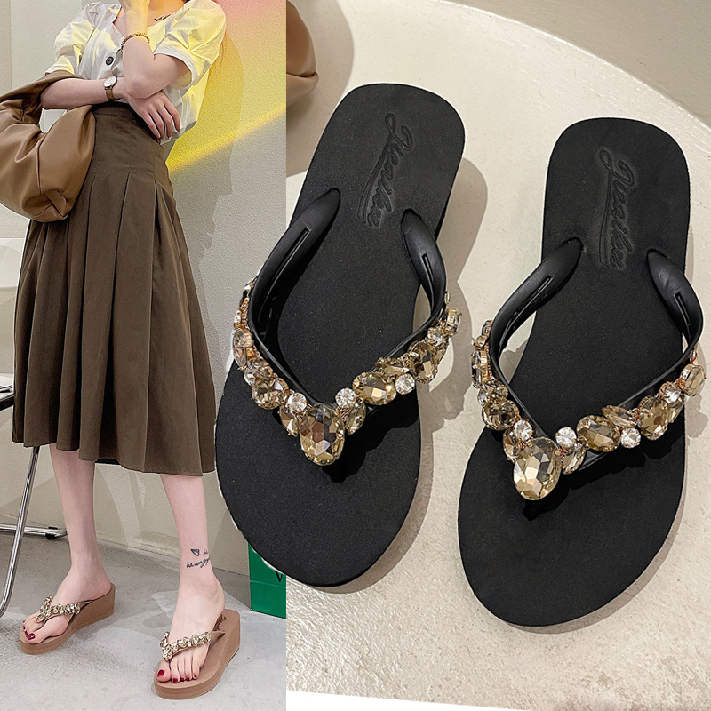 Тапочки с толстой подошвой и стразами для женщин, летняя мода, корейские пляжные сандалии с wedge-каблуком
