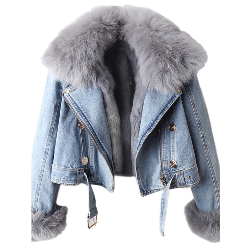 2025 Winter Fashion Faux Fox Fur Collar Rabbit Fur Lining Thickened Warm Coat Women's Short Jacket Trendy Top