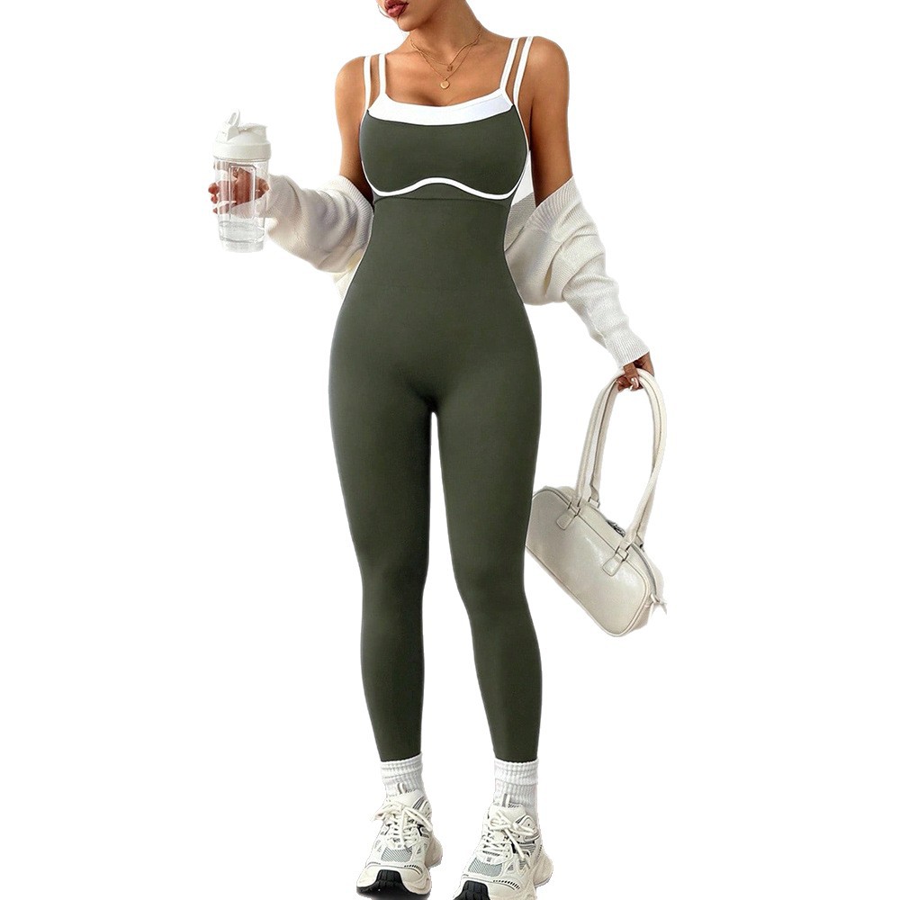 Cross-Border Exclusive European and American Elastic Tight-Fitting Cross-Back Women's Color-Blocking High-Intensity Sports Anti-Exposure Yoga Bodysuit