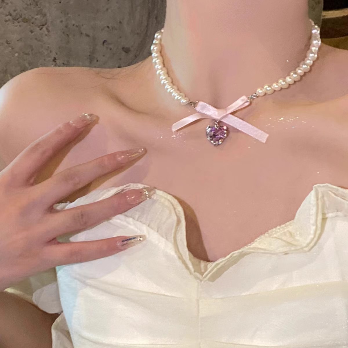 French style pink heart bow all-match pearl necklace female niche design sweet pure desire necklace clavicle chain