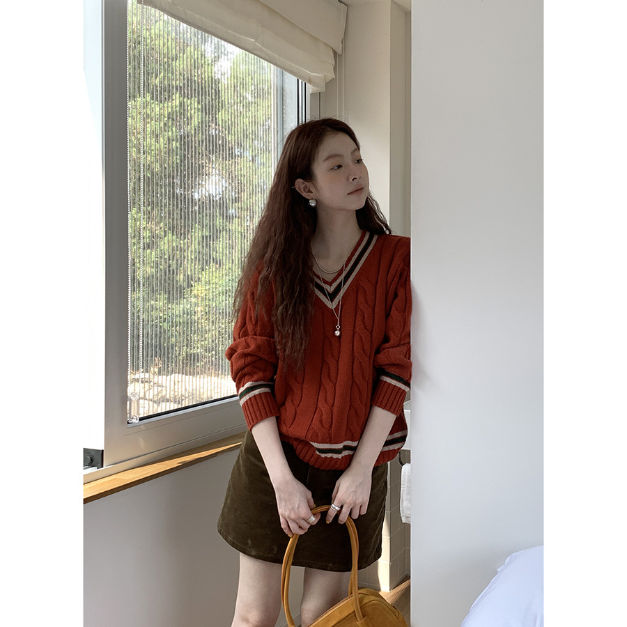 Свободный свитер с V-образным вырезом из шерсти Helloooeat в стиле прэппи, осень-зима, длинный рукав