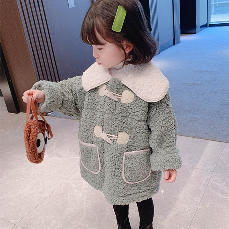 6020 girls' coat lambswool horn buckle composite polar fleece thickened top 23 Winter new foreign trade children's clothing