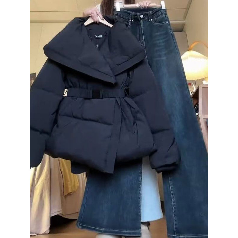 Winter Women's Cotton Coat with a Turn-Down Collar, New Design with Tie Waist, Warm Puffer Jacket, Trendy Cotton Clothing