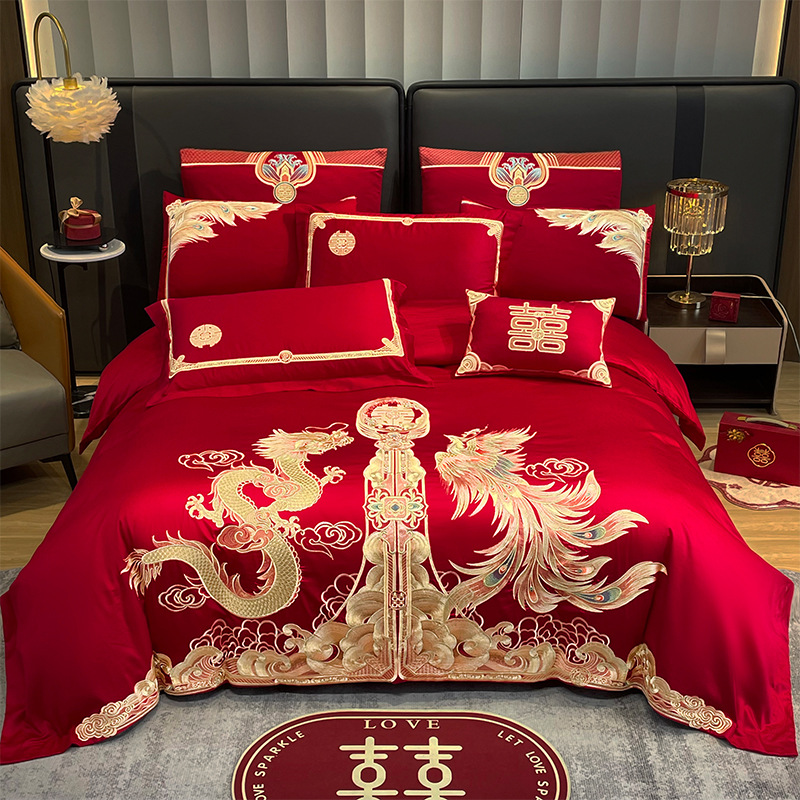 New Chinese Style Accompanying Dragon and Phoenix Embroidered Quilt Cover Wedding Bed Red Four-piece Set Thickened Sanding Bedding Wedding Room Supplies