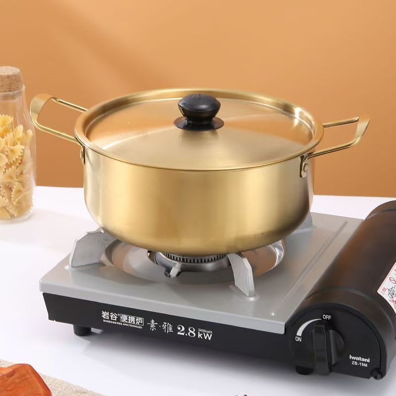Cross-border Korean-style instant noodle pot stainless steel ramen pot with lid double-ear soup pot dormitory net red Japanese-style golden small hot pot