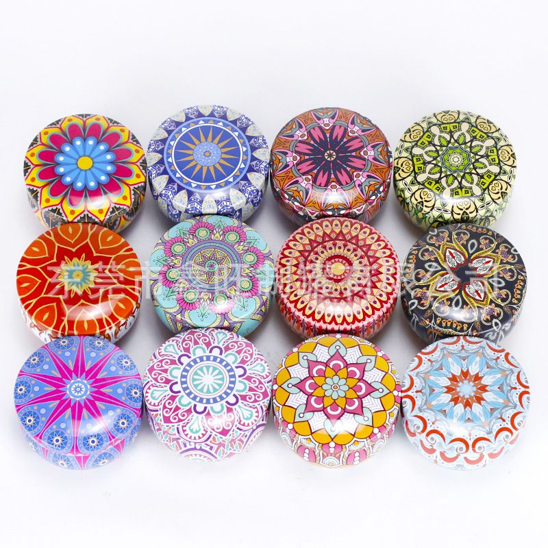 2.2oz Amazon Cross-border Retro Tinplate Ethnic Style Mandala Aromatherapy Candle Jar Box Pear Cream Candy