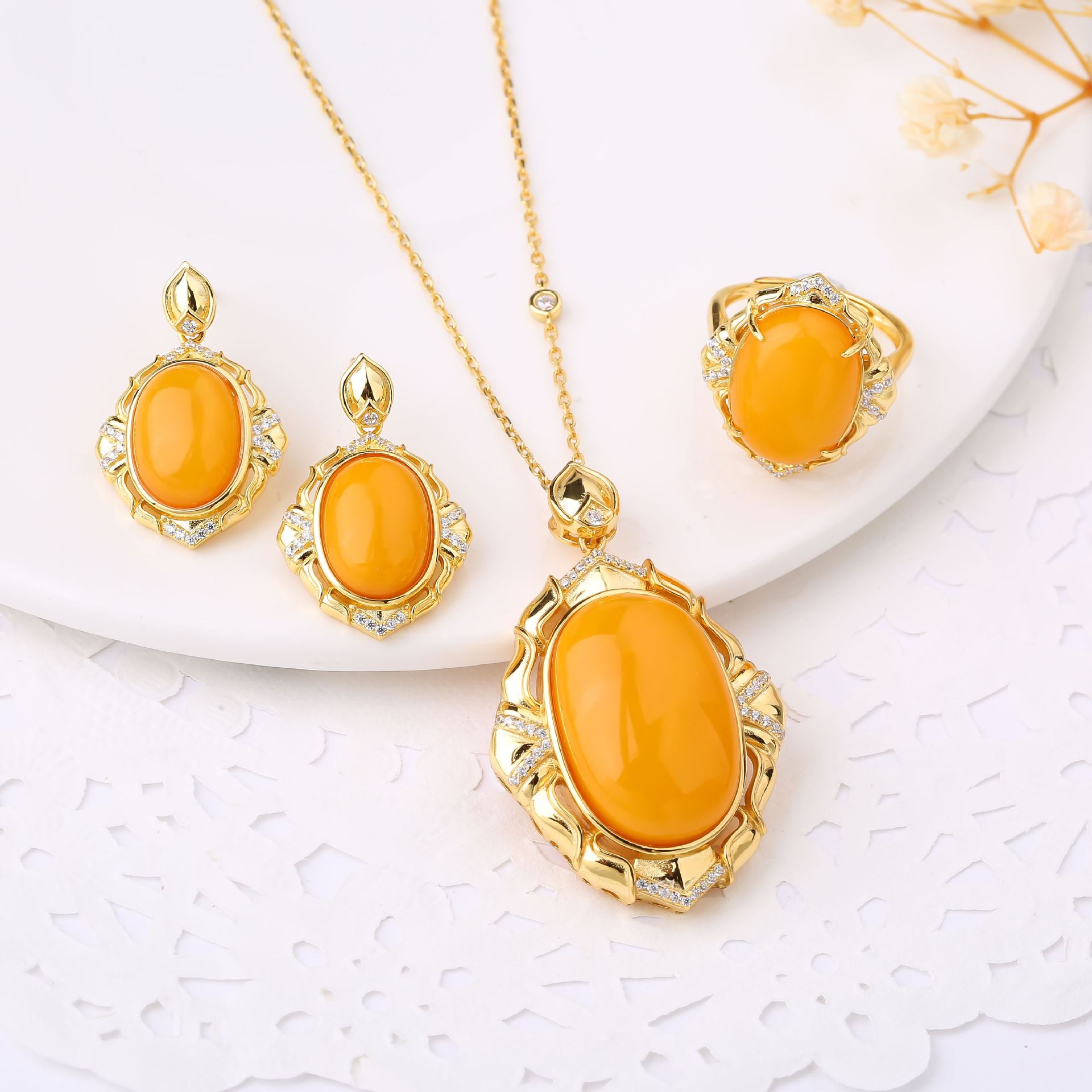 S925 серебро, натуральный российский янтарь, простой и элегантный, гладкий, модный, ретро набор, кулон, серьги, кольцо