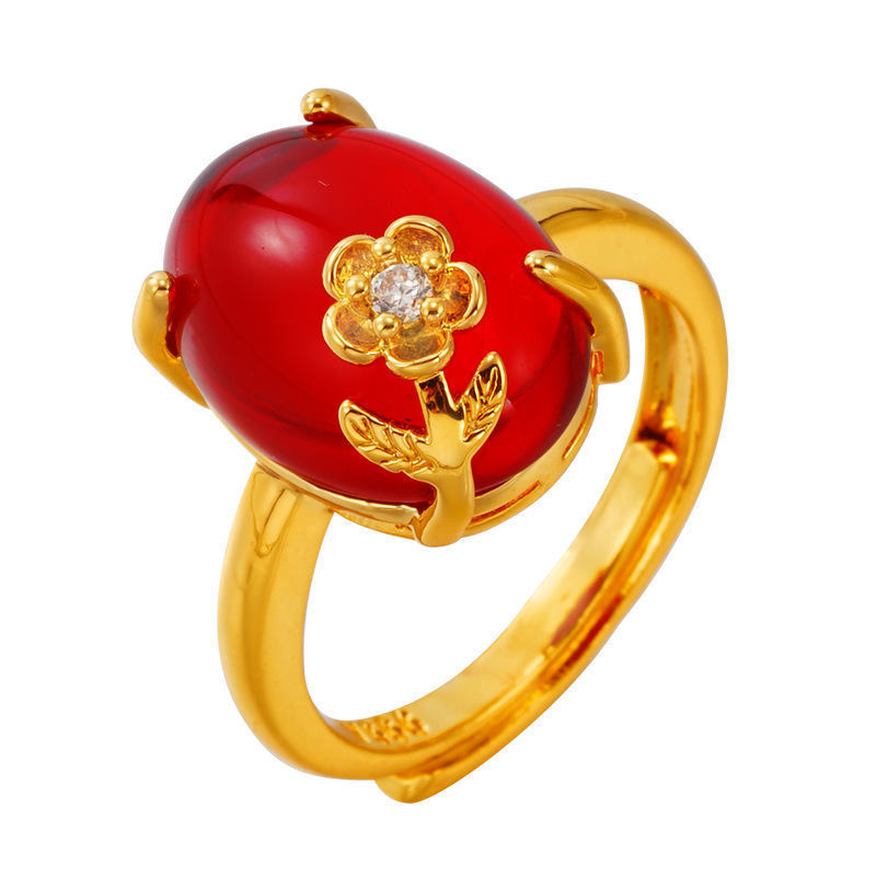 Authentic Vietnamese Sand Gold Inlaid Flower Gemstone Ring Earrings Necklace Jewelry Women's Stall Jewelry Luxury Set Long-Lasting