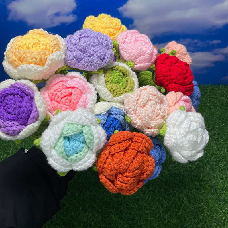 Cross-border hand-woven flower finished wool rose flower head simulation flower finished teacher's day valentine's day gift wholesale