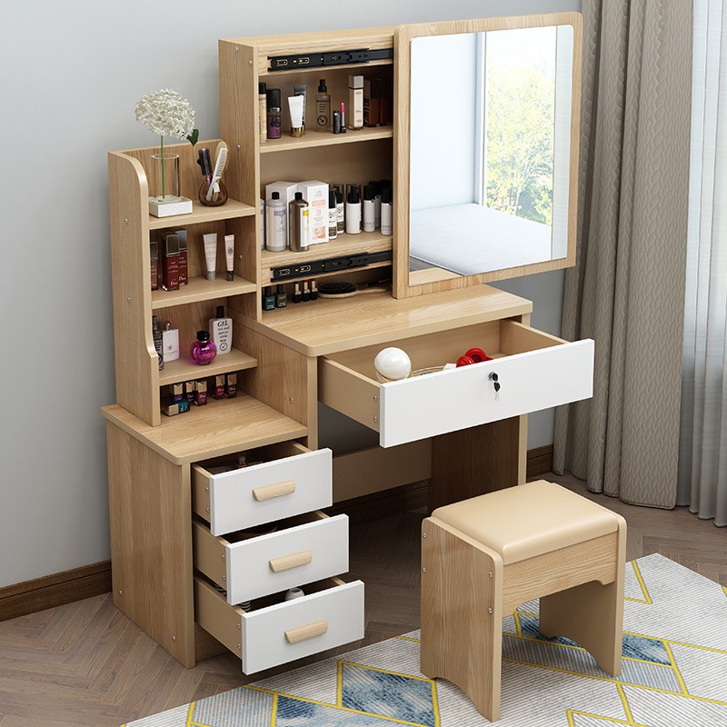 Dressing Table Bedroom Small Apartment Modern Simple Push-Pull Mirror Integrated Dressing Table LED Light Makeup Table Storage Cabinet
