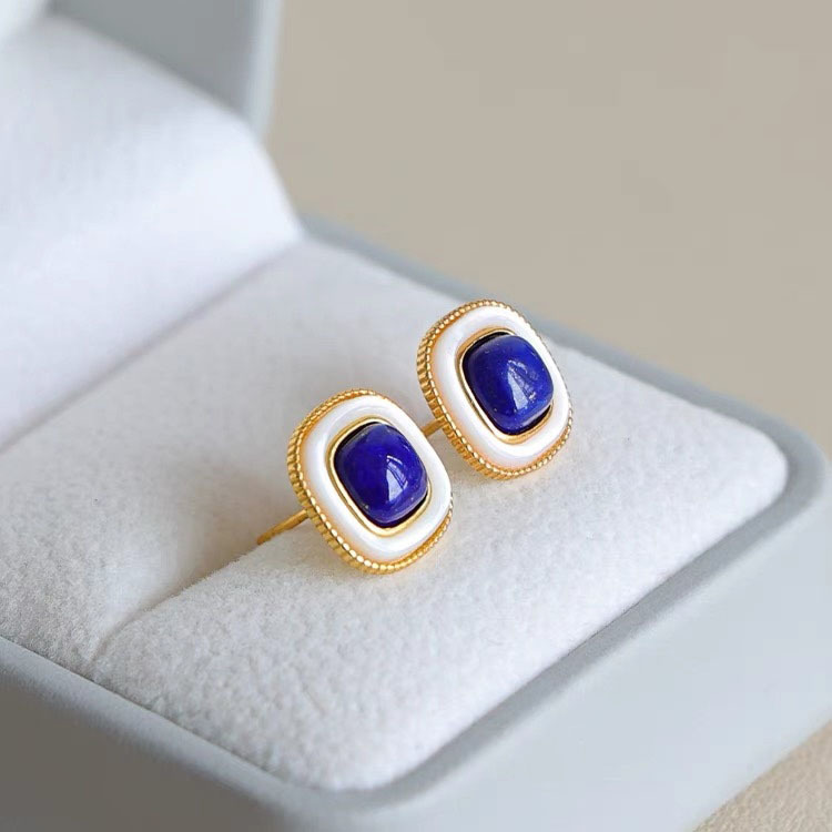 Factory wholesale natural lapis lazuliform earrings white fritillary 925 silver jewelry colored gemstones sterling silver gold-plated earrings