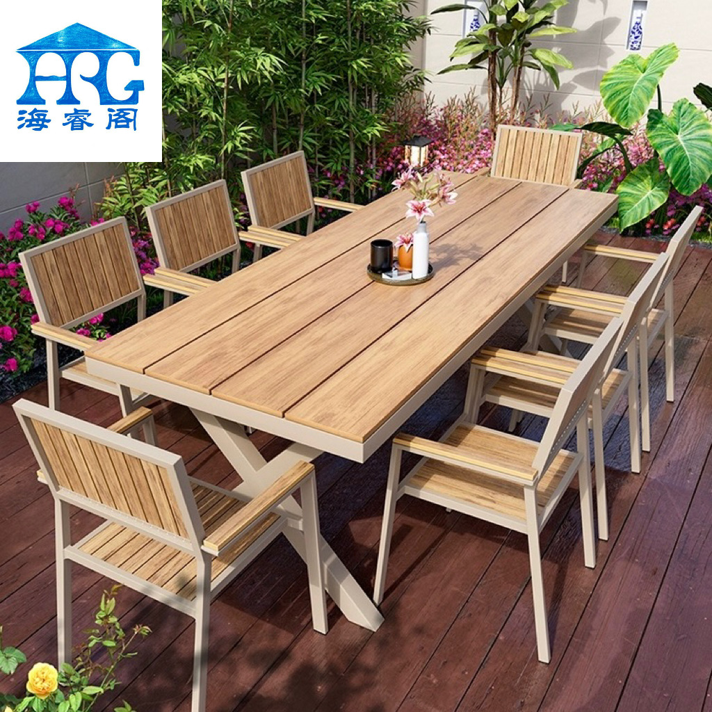 Outdoor Courtyard Plastic Wood Chair Garden Villa Telescopic Long Table Waterproof Simple Leisure Outdoor Anti-Corrosion Wood Table and Chair Combination