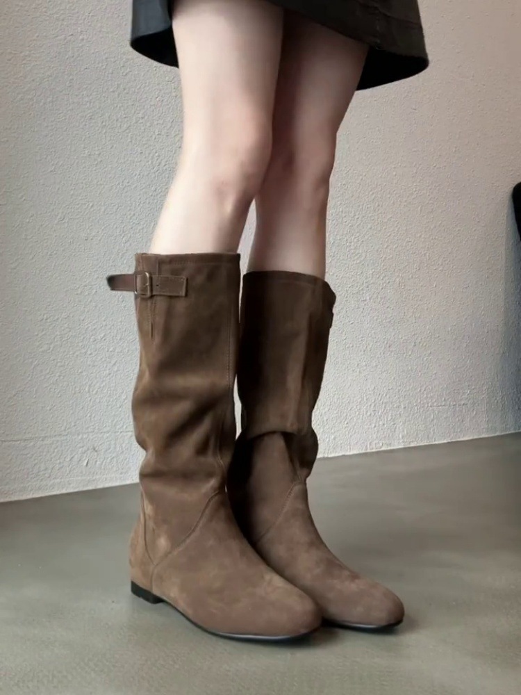 Sheepskin Version ~ Retro Pointed Toe Genuine Leather Pleated Western Cowboy Boots for Women with Increased Height and Versatile Lazy Style Over-The-Knee Boots