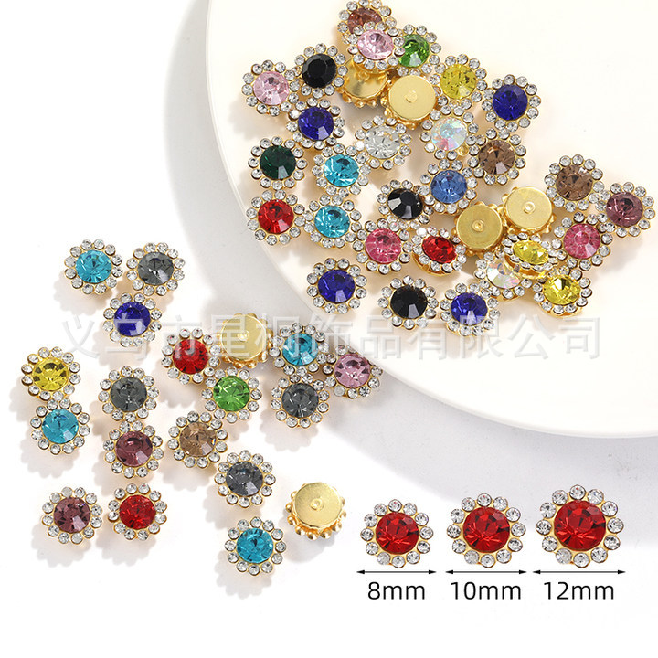 Cross-Border Hot-Selling Diamond-Encrusted Round Sunflower Hand-Sewn Rhinestone DIY Bag Evening Dress Wedding Dress Hand-Sewn Crystal Rhinestone Accessories