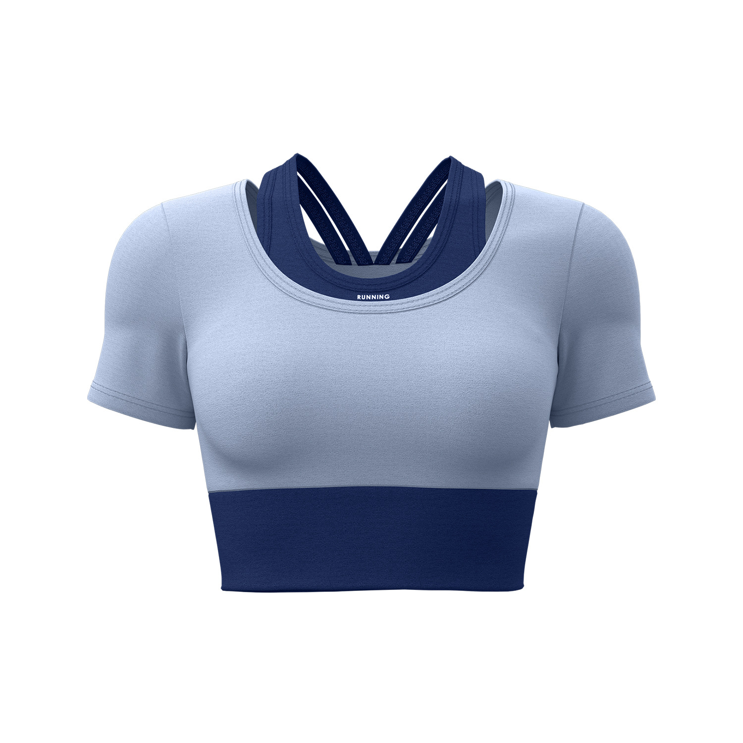 Cross-Border Foreign Trade Popular Color-Blocked Fake Two-Piece Yoga Wear Short-Sleeved Sports Fitness Tops Without the Need to Wear a Bra