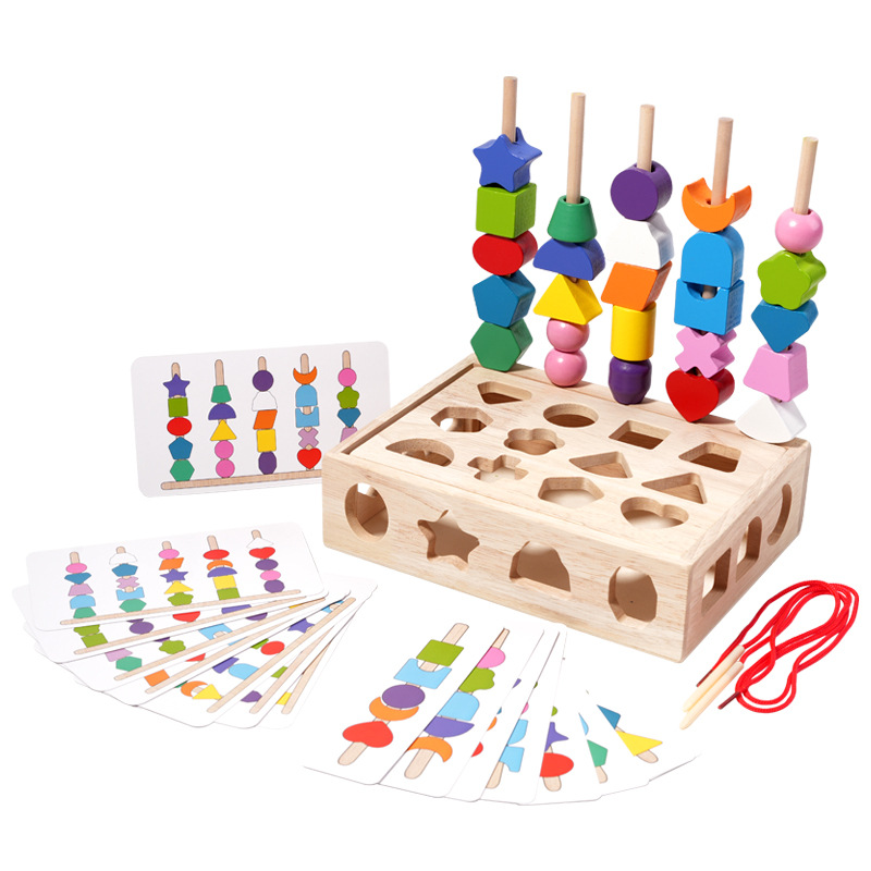 Children's Wooden Toys Geometric Shape Matching Color String Building Blocks Colorful Five Sets of Columns Enlightenment Early Education Intelligence Box