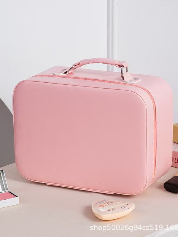 Cross-Border Fashion Solid Color Makeup Case with Mirror Wholesale Pu Waterproof Large Capacity Portable Makeup Storage Bag for Women