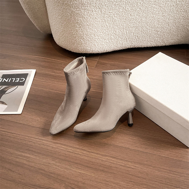 Popular "Big Beautiful" 5.5cm Pointed Toe Stiletto Slim Boots for Women Suede Soft Sole Comfortable High Heel Short Boots Fashion