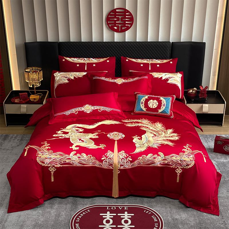 New Chinese Style Accompanying Dragon and Phoenix Embroidered Quilt Cover Wedding Bed Red Four-piece Set Thickened Sanding Bedding Wedding Room Supplies