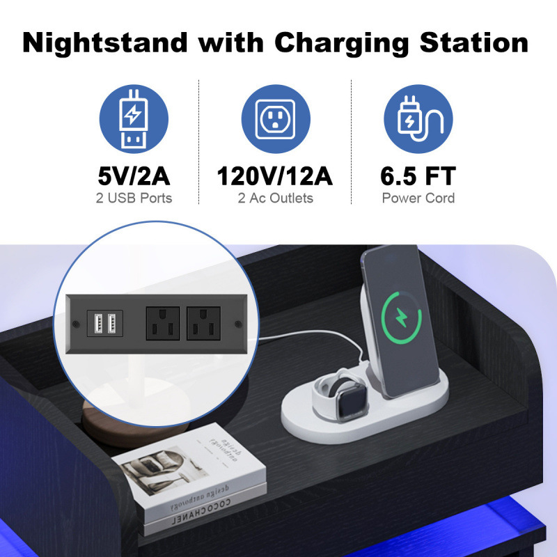 2026 New Cross-Border Dropshipping Modern Black Wooden Nightstand with Charging Stand