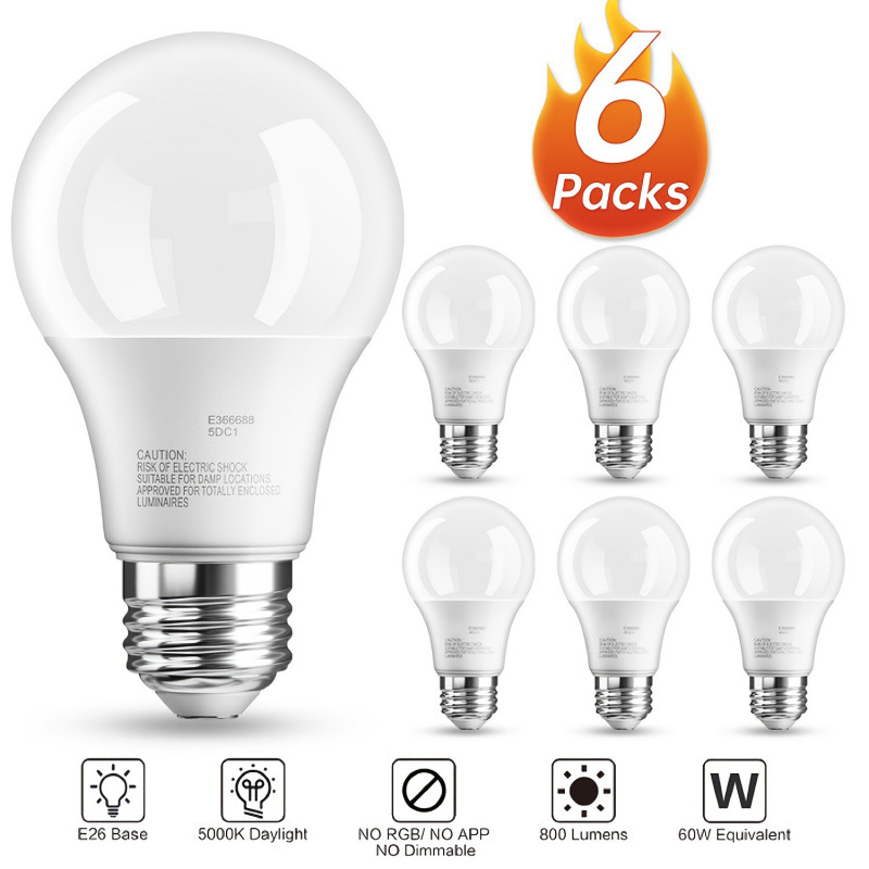 2026 New Cross-Border Dropshipping 12/24 Packs of 5000Ka19E26 Led Bulbs Bright White 60 Watts
