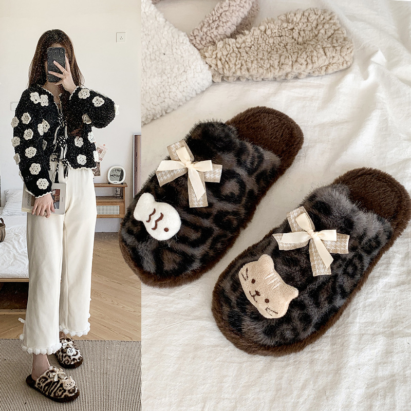 Leopard Print Kitten High-Value Millennial Hot Girl Style Retro Toe-Toe Furry Slippers for Women's Home Indoor Warm Cotton Slippers