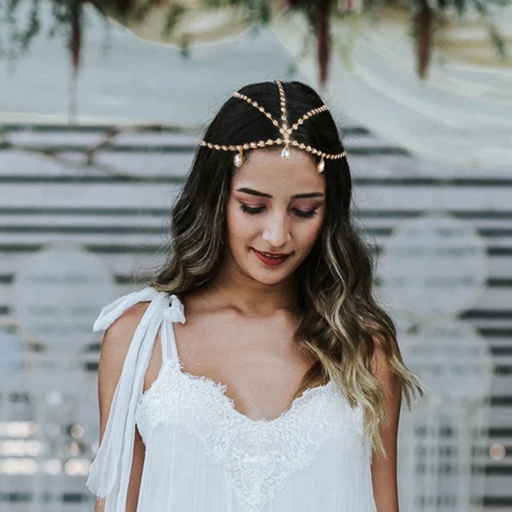Cross-Border Rhinestone Forehead Chain Hair Accessories, Personalized Fashion European and American Retro Water Drop Pendant Head Chain Full Diamond Hair Accessories Hair Crown