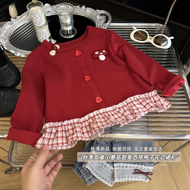 Толстовка для девочек 2025 осень новый корейский стиль повседневная модная милая красная грибная вставка юбка толстовка