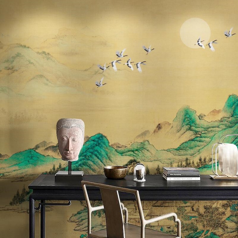 Modern Chinese Style Landscape Lotus Creek Fishing Hideout Seamless Wall Covering Living Room Sofa Tv Background Wallpaper Mural