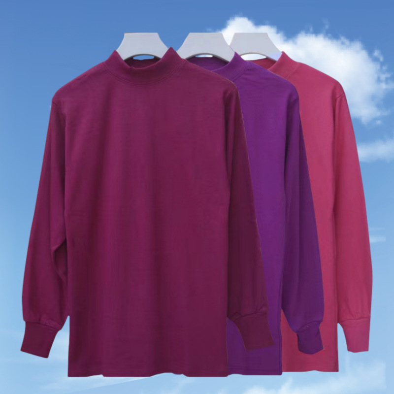 Solid Color Basic Base Layer Shirt for Middle-Aged and Elderly Mothers, Loose Cotton Sweater, Round Neck, Large Size, All-Cotton Autumn Shirt for Women, Long Sleeves