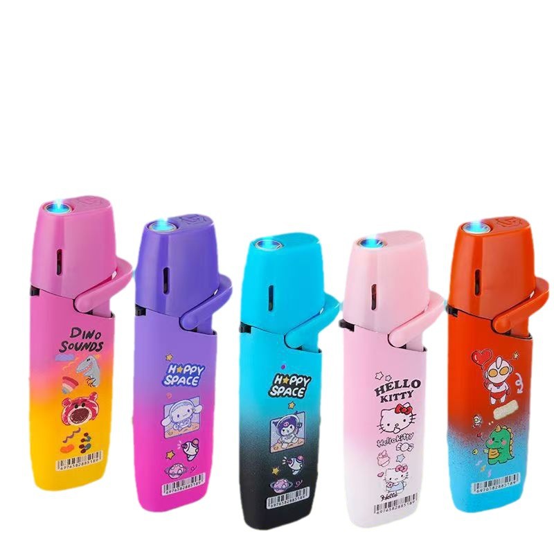 New explosion-proof windproof lighter cartoon pattern metal rocker inflatable lighter blue flame for boyfriend