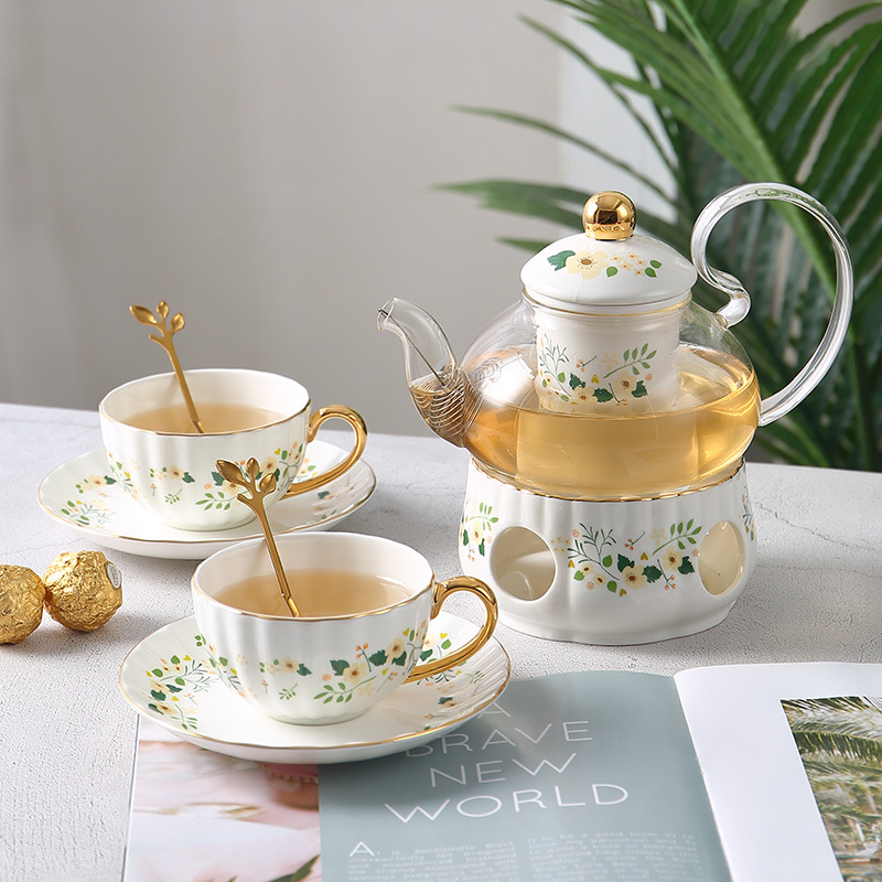 British Afternoon Tea Scented Tea Tea Set Nordic Light Luxury Flower Teapot Candle Boiling Fruit Glass Teapot Ceramic Bubble