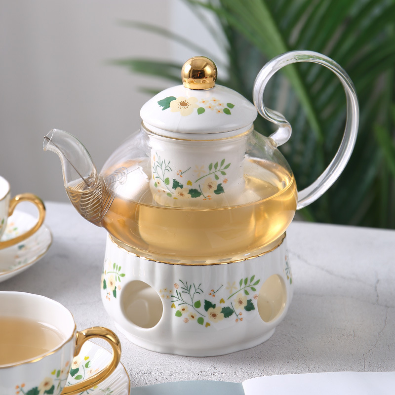 British Afternoon Tea Scented Tea Tea Set Nordic Light Luxury Flower Teapot Candle Boiling Fruit Glass Teapot Ceramic Bubble