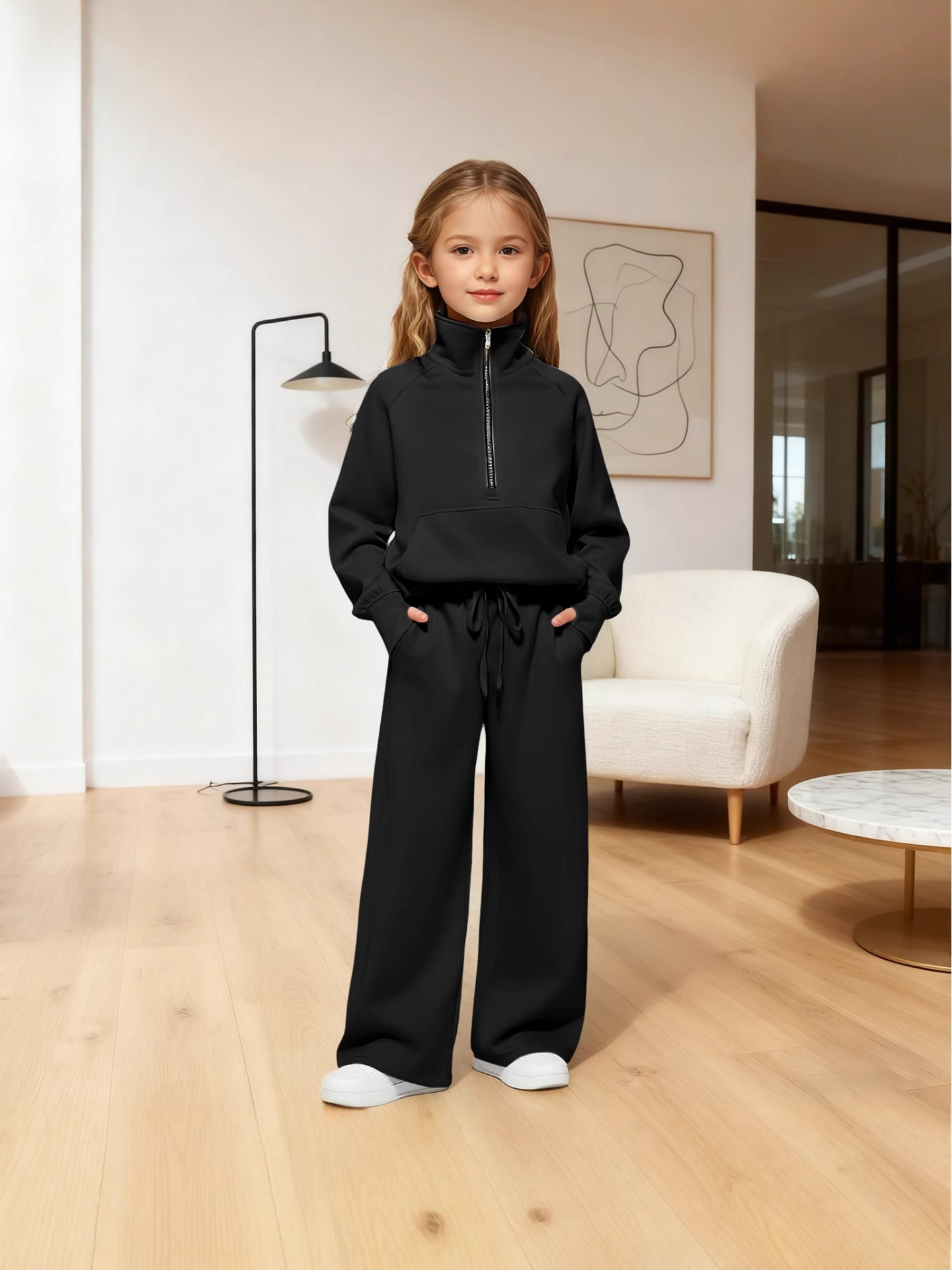 2025 European and American Amazon European and American Two-Piece Half-Zip Sweatshirt Wide-Leg Sweatpants Casual Children's Suit