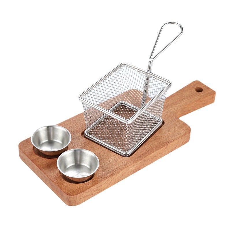Creative Stainless Steel French Fries Tray for Fried Chicken, Fried Snacks Basket, Western Food Platter, Wooden Board Plate Set, Basket