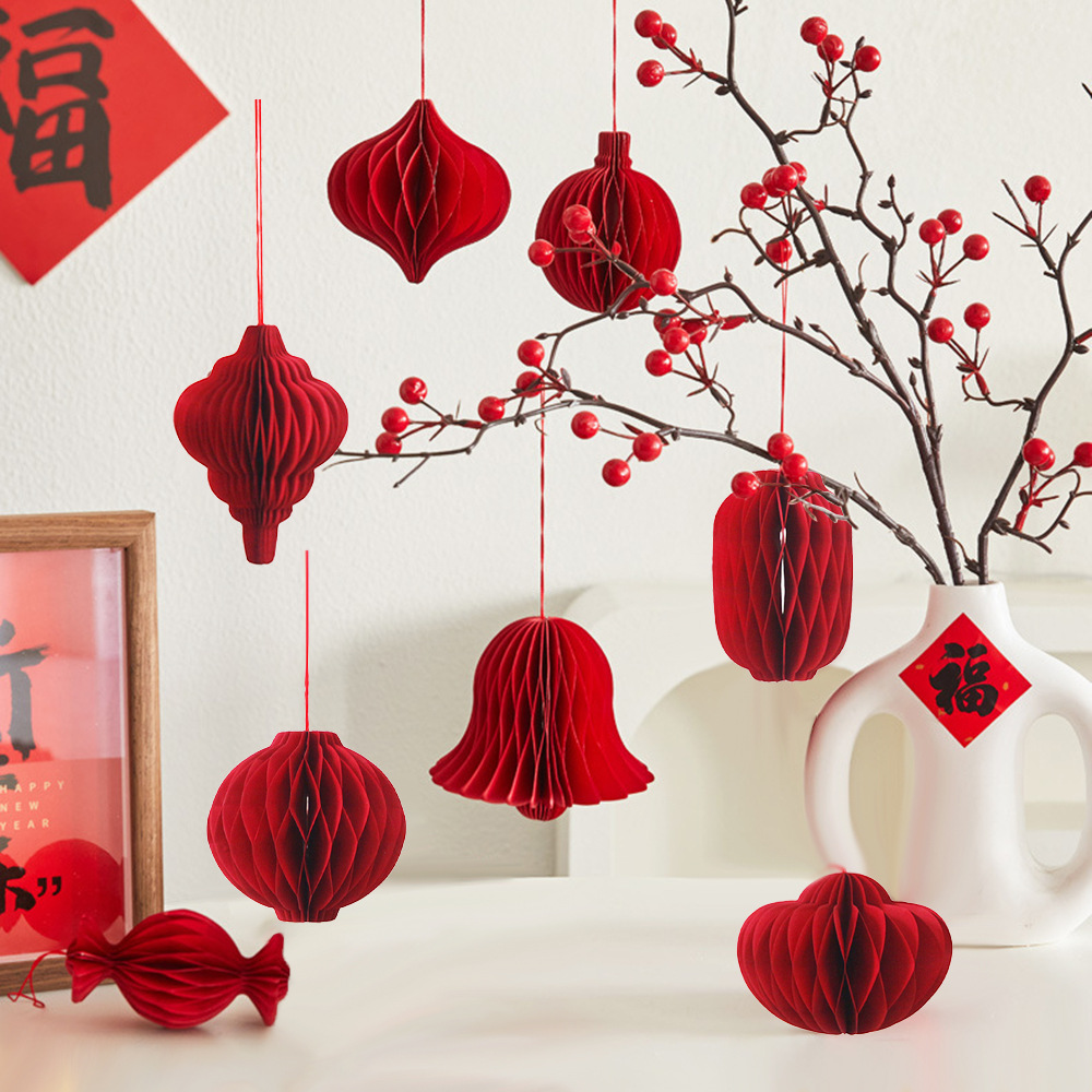 Spring Festival Christmas Honeycomb Lantern Hanging Decorations Shopping Mall Window Christmas Tree Decoration Origami Red Lantern Small Hanging Ornaments