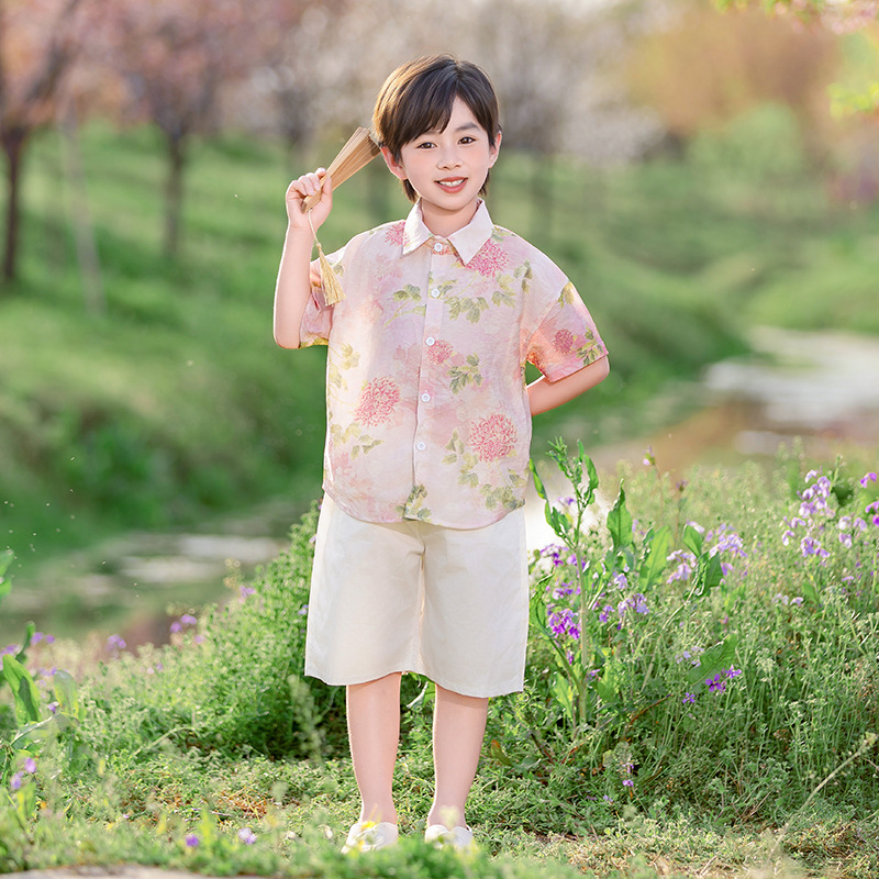 Boys Summer Shirt Suit 2025 New Kidsren's Floral Shirt Thin Boy Hong Kong Style Two-Piece Set Trendy and Handsome