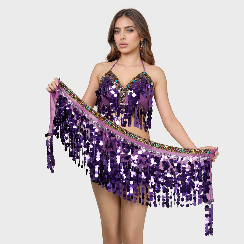 Foreign trade sexy belly dance suit sequins wrapped chest tassel waist chain performance clothing tassel skirt dance clothing