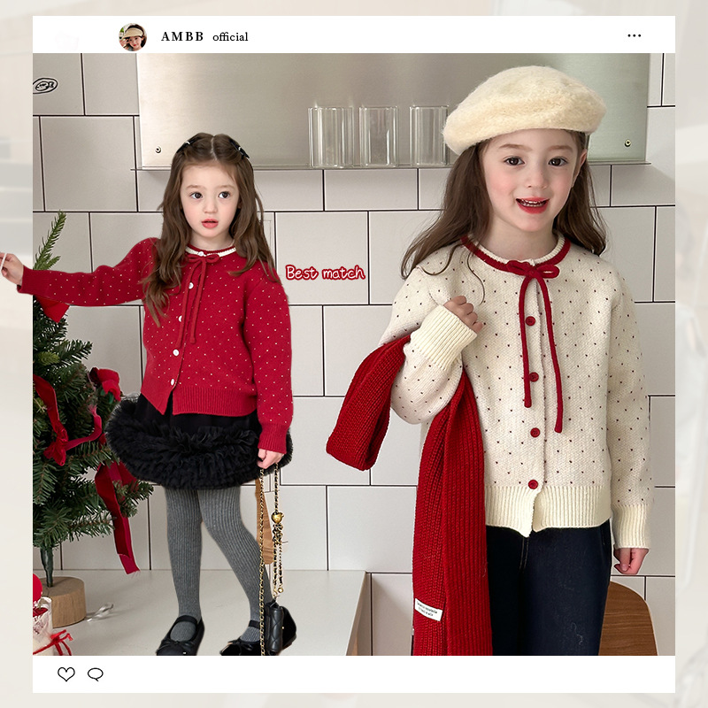 Кардиган-свитер с горошком и бантом для девочек, кашемировый, корейский стиль, новогодний и рождественский