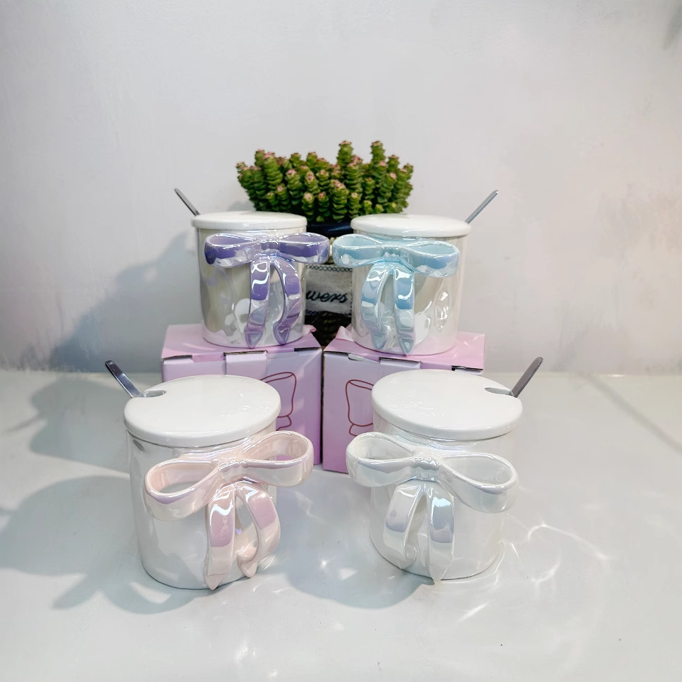 High-grade bow ceramic mug creative water cup new breakfast cup coffee cup female home birthday gift