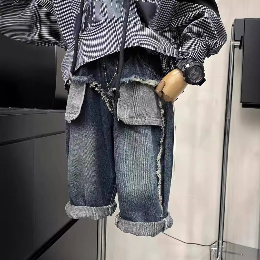 Puppies Handsome Children's Jeans Straight Leg Trousers Japanese-style Loose Ripped Water Washed Boys' Big Kids Niuzi Fried Street Fashion Cool