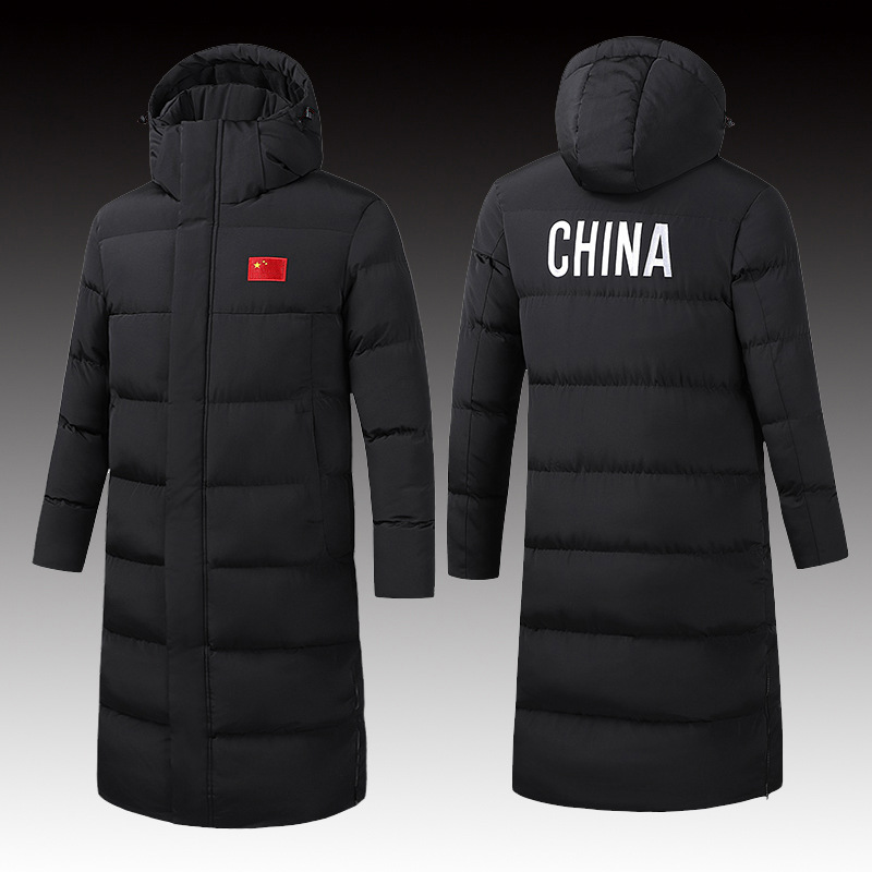 Chinese team winter training plus velvet knee-high athletes cotton coat men's long winter sports institute training down cotton-padded jacket