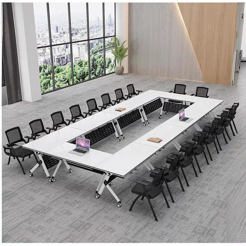 Folding Training Table and Chair Set, Movable Office Desk, Strip Table with Wheels, Conference Table, School Training Institution Desk