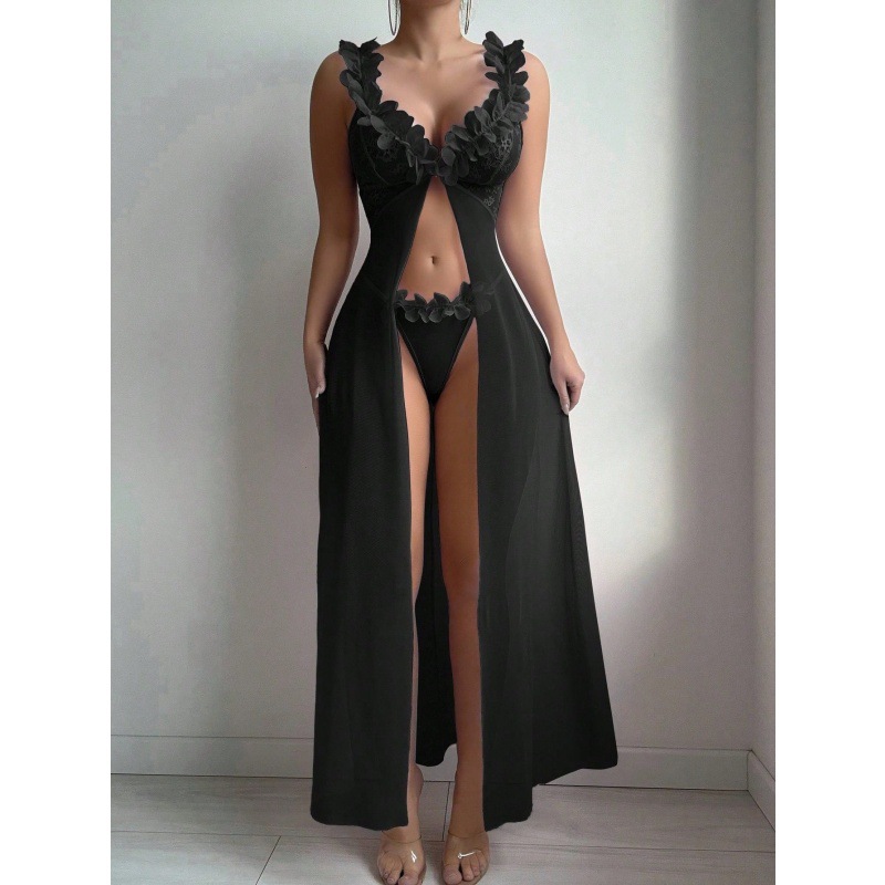 European and American Style Sexy Sleepwear for Women, Provocative Slit See-Through Camisole Dress, Long Dress, Gift Set, 2-Piece Set, Sexy Lace