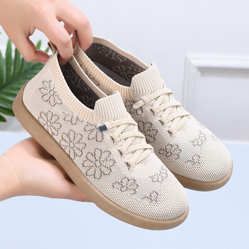 Обувь для женщин 2025 осень вышитые туфли на шнуровке для женщин среднего и пожилого возраста, удобные слепоны, обувь для моральной тренировки Fly-Knit
