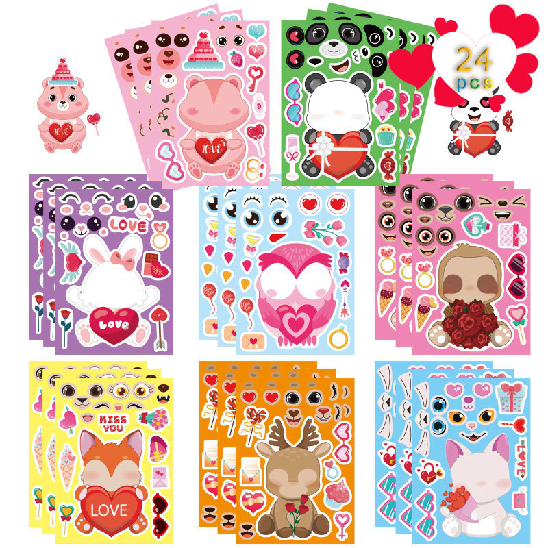 Наклейки для дня Святого Валентина с животными, DIY наклейки для игр на вечеринке, детские игрушки, самоклеящиеся наклейки