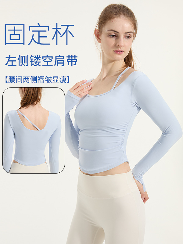 New Style Slanted Shoulder Hollow Sports Top for Women with Side Pleats, Slim Fit, Long Sleeves with Chest Pads, Fitness Yoga Wear for Autumn