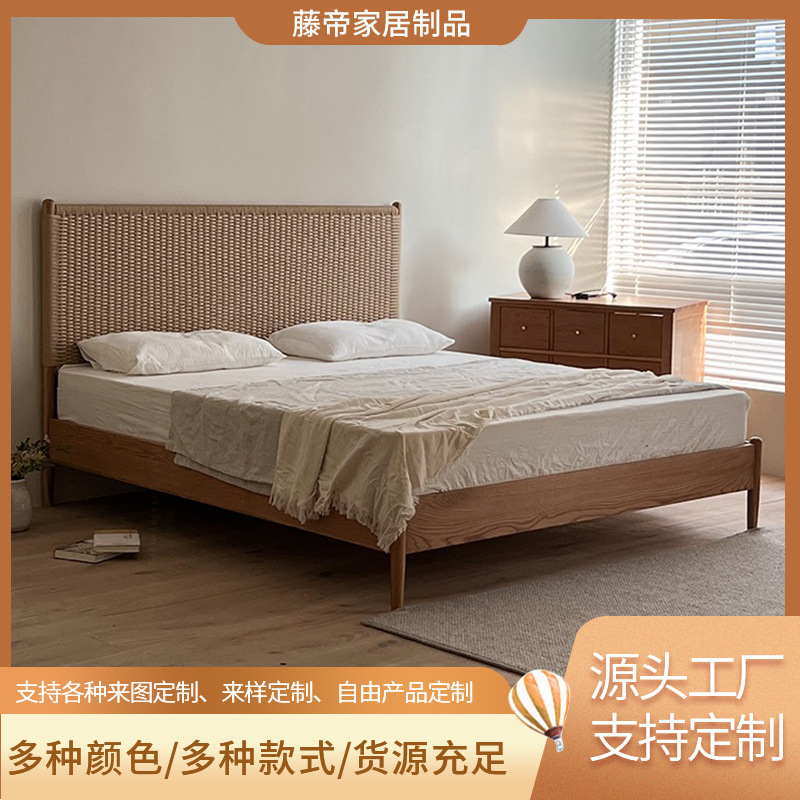 Двуспальная кровать из ротанга в стиле ваби-саби, популярная в интернет-знаменитых гостиницах и отелях, для домашнего использования, винтажная кровать из массива дерева, простой дизайн