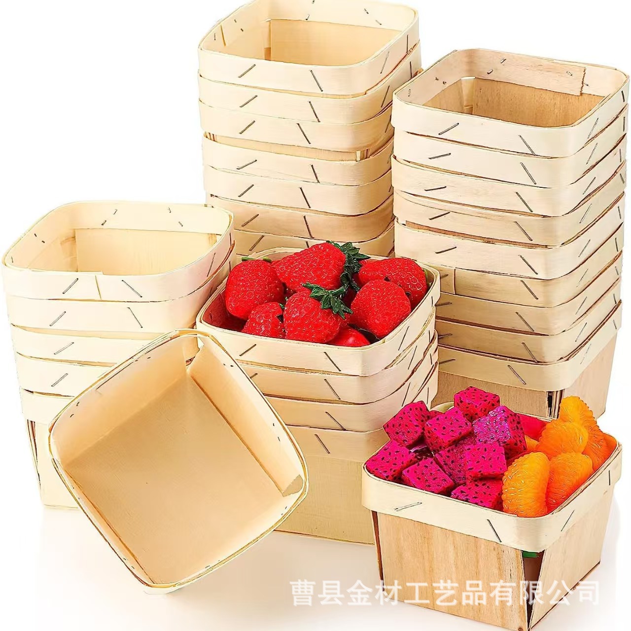 Square bark thin poplar bark wooden basket cheap export wooden disposable Berry wooden basket for wedding party party