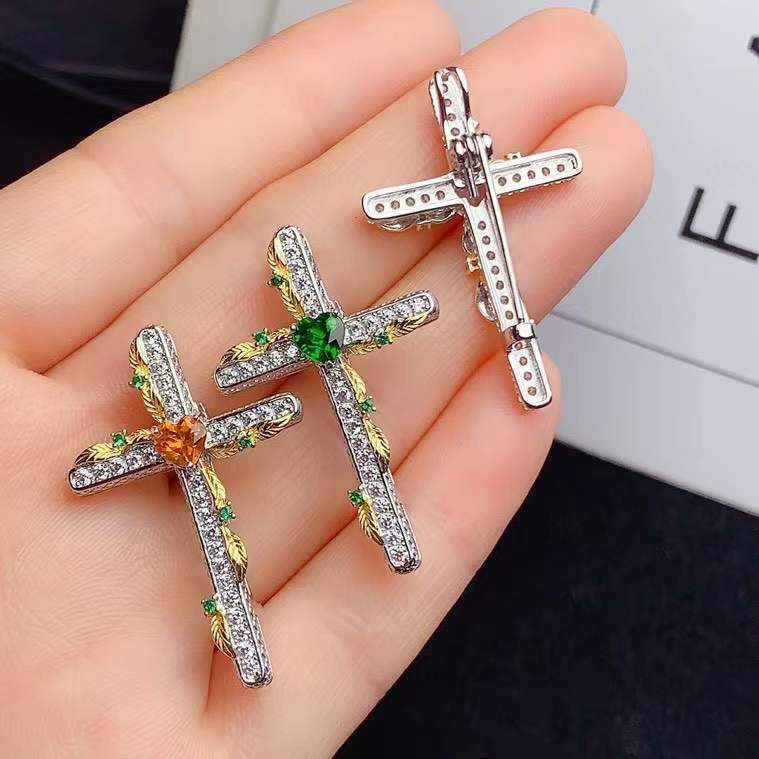 925 Sterling Silver Inlaid Topaz Diopside Citrine Pendant Brooch Cross Pendant Accessible Luxury Niche Fashion Color